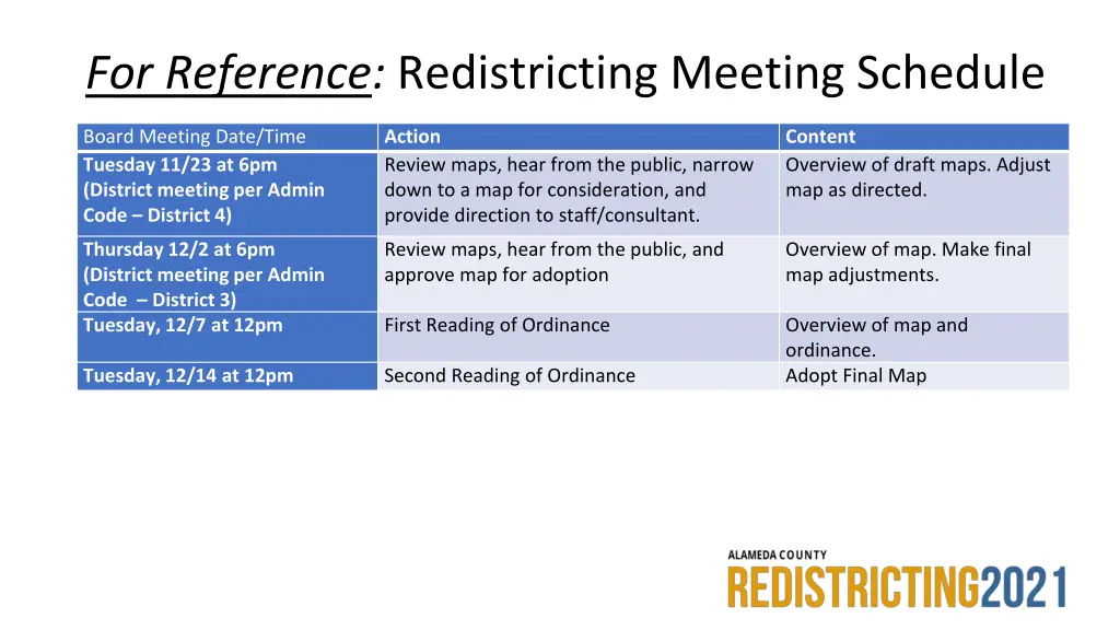 for reference redistricting meeting schedule