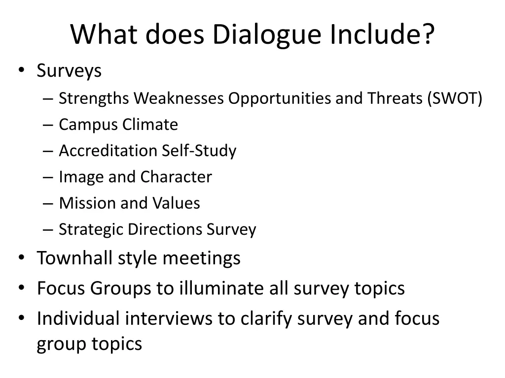 what does dialogue include surveys strengths