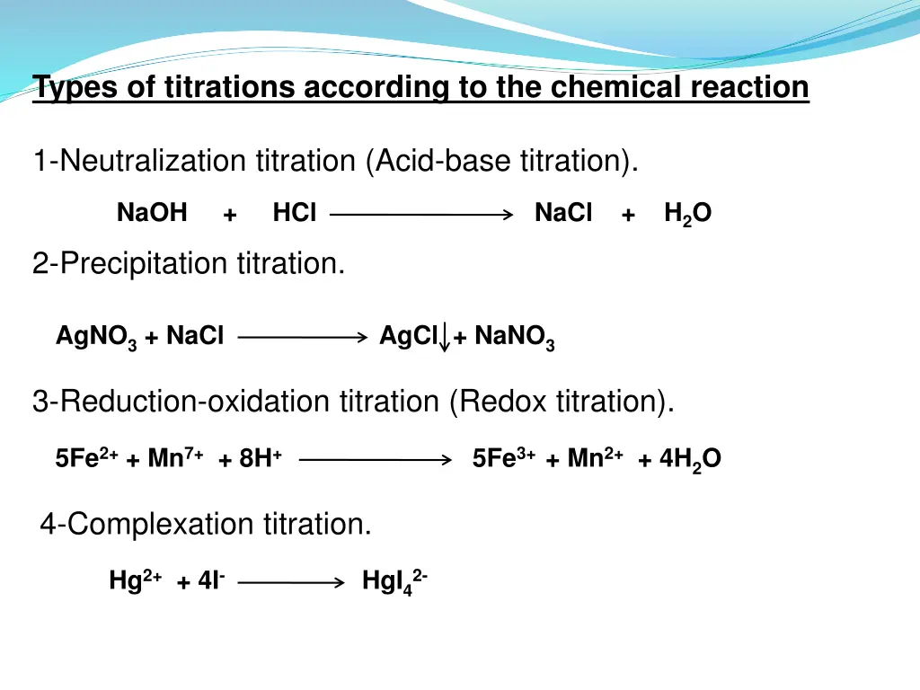 types of titrations according to the chemical