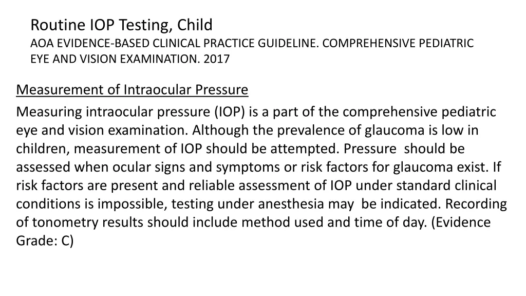 routine iop testing child aoa evidence based