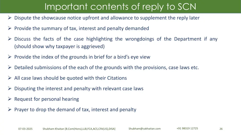 important contents of reply to scn