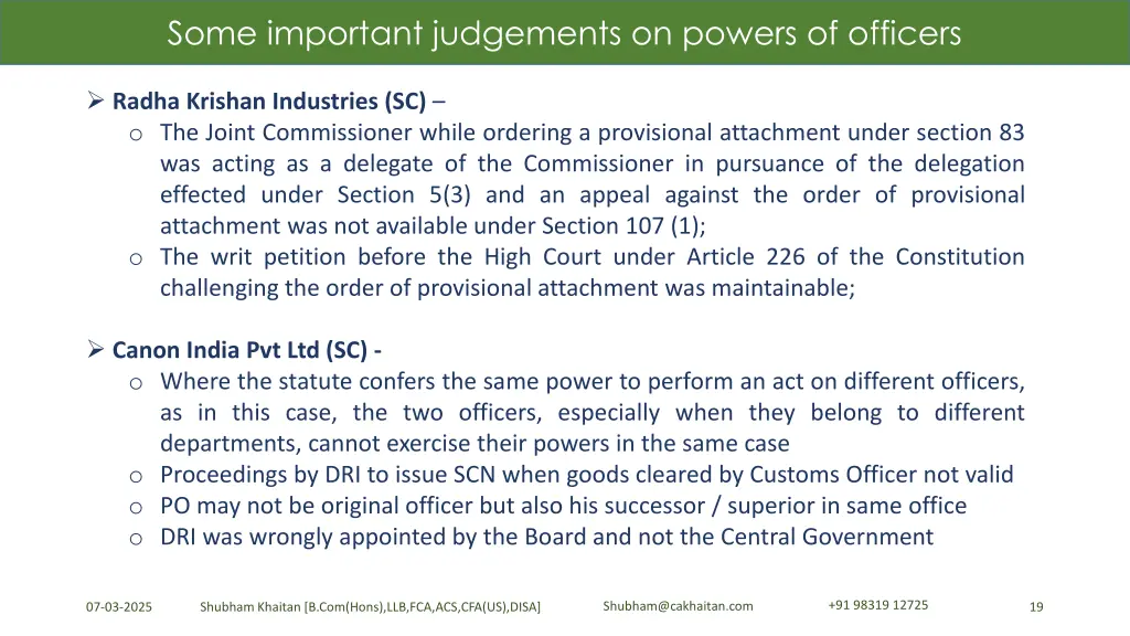some important judgements on powers of officers