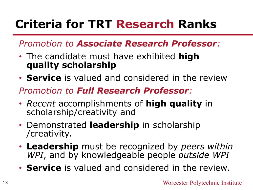 criteria for trt research ranks