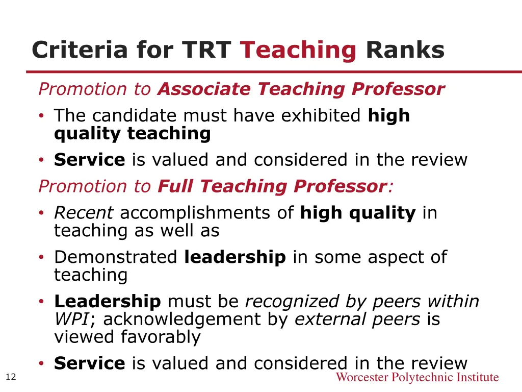 criteria for trt teaching ranks