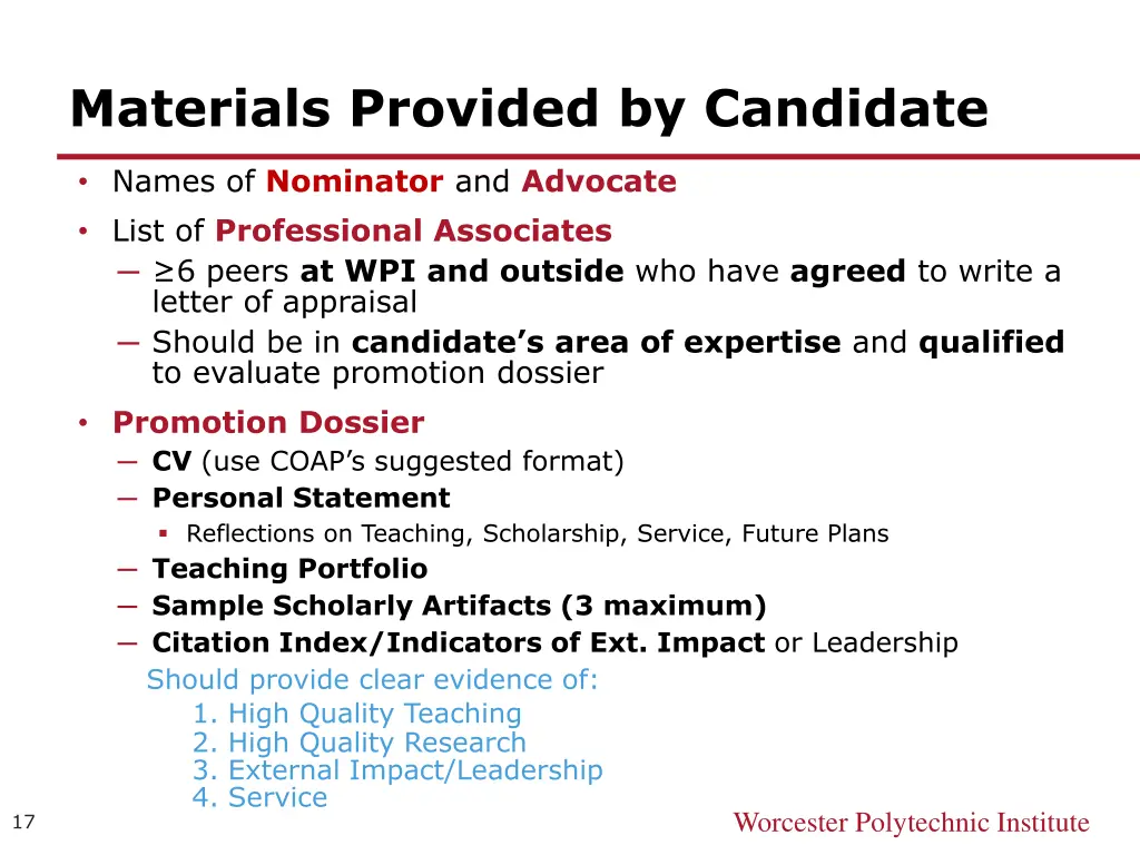 materials provided by candidate