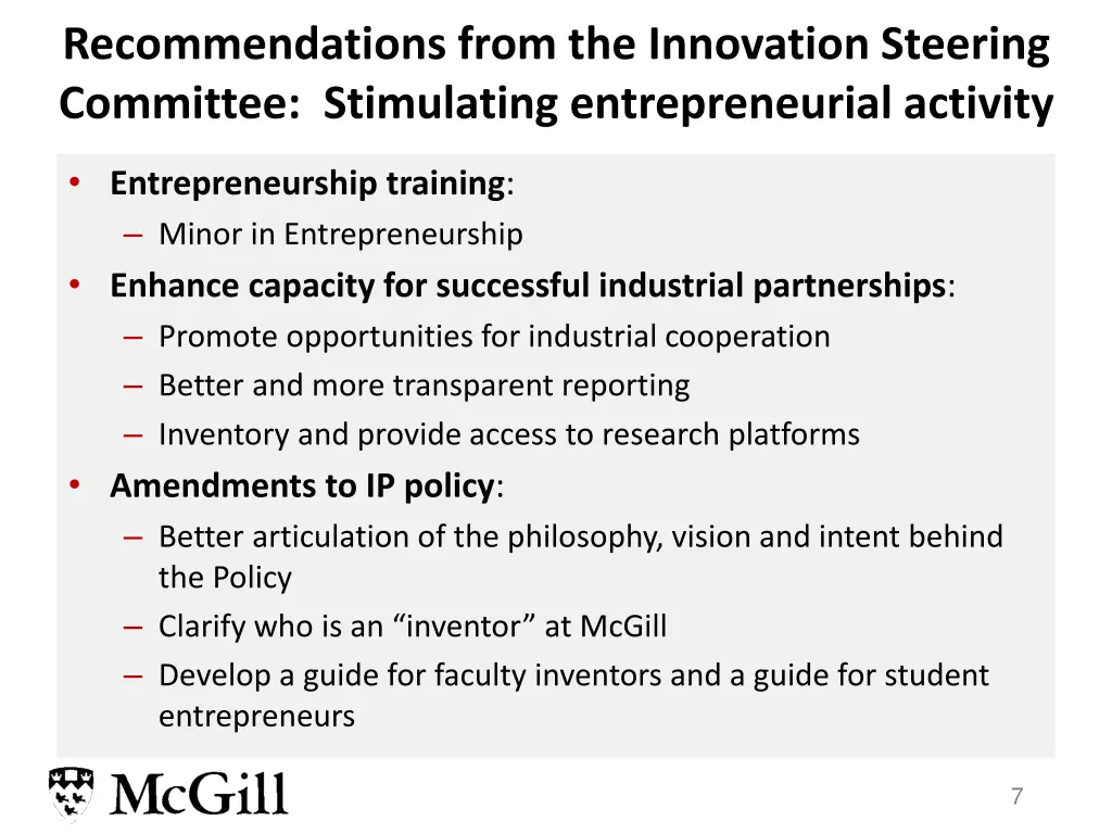 recommendations from the innovation steering