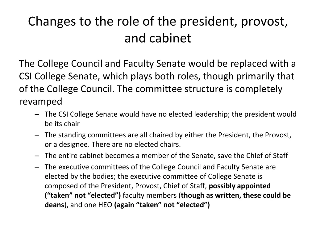 changes to the role of the president provost