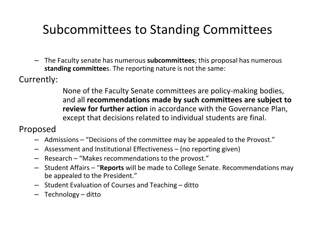 subcommittees to standing committees