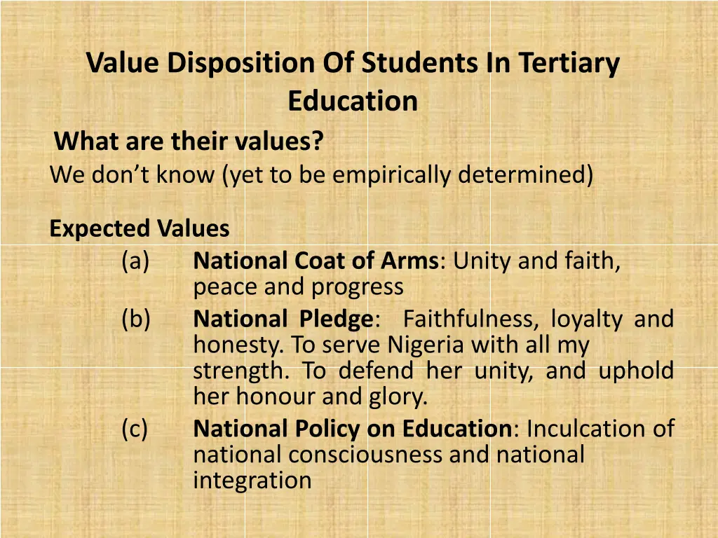 value disposition of students in tertiary