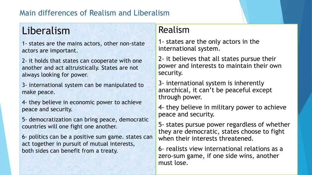 main differences of realism and liberalism