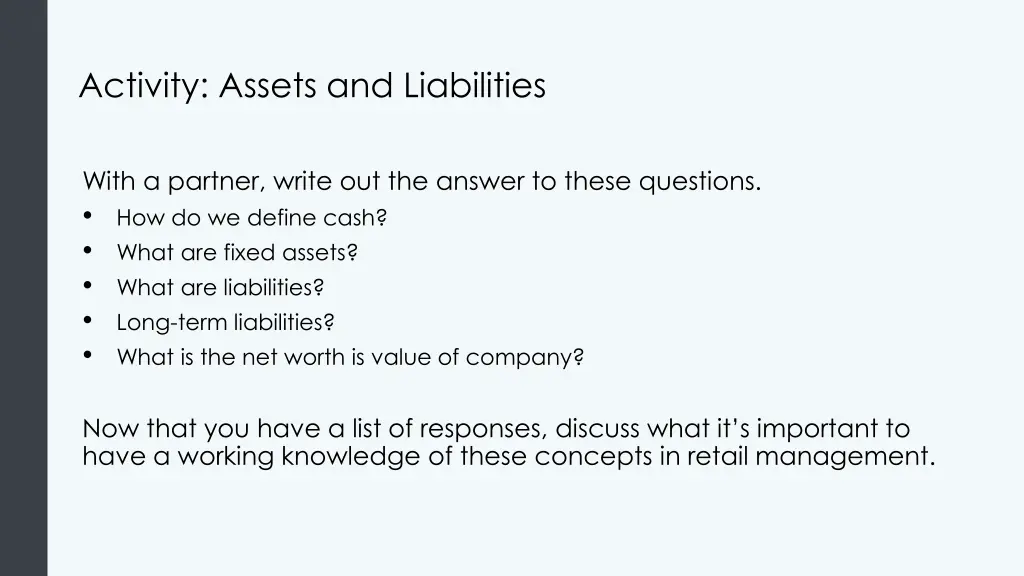 activity assets and liabilities