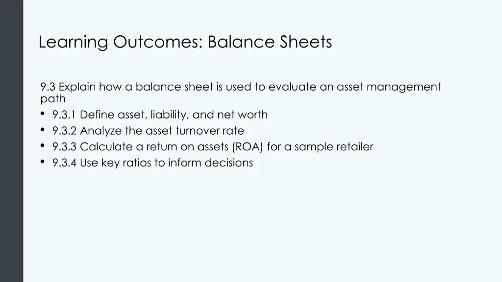 learning outcomes balance sheets