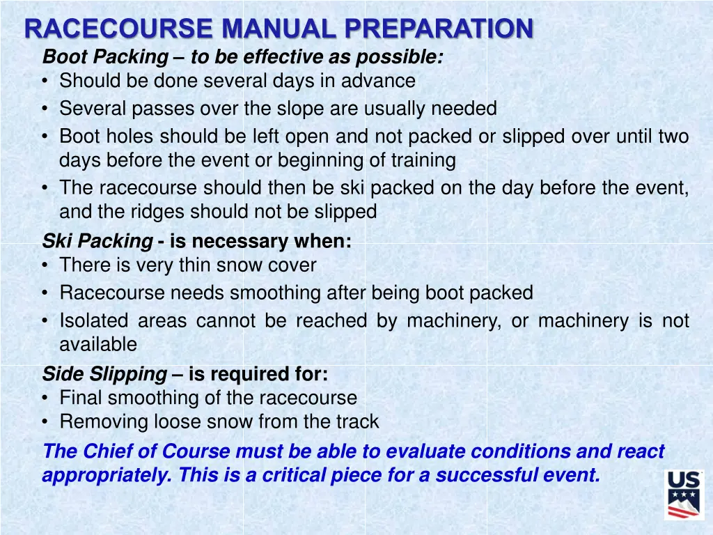racecourse manual preparation boot packing
