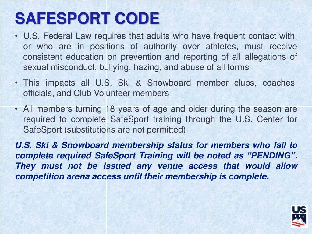 safesport code u s federal law requires that