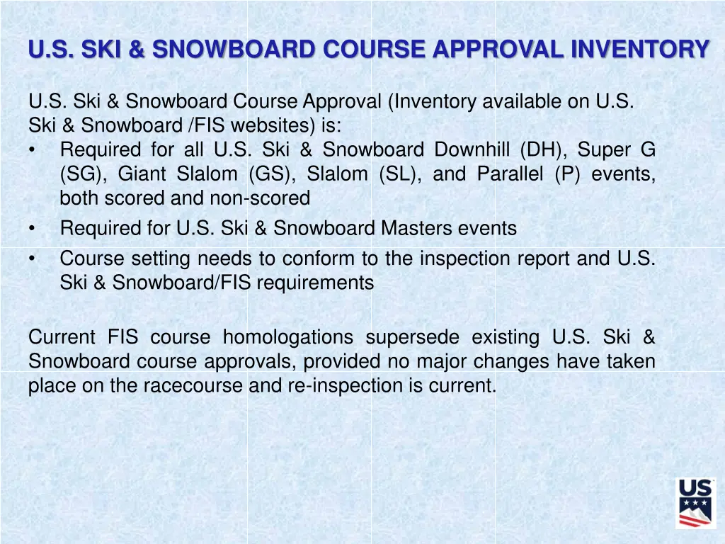 u s ski snowboard course approval inventory