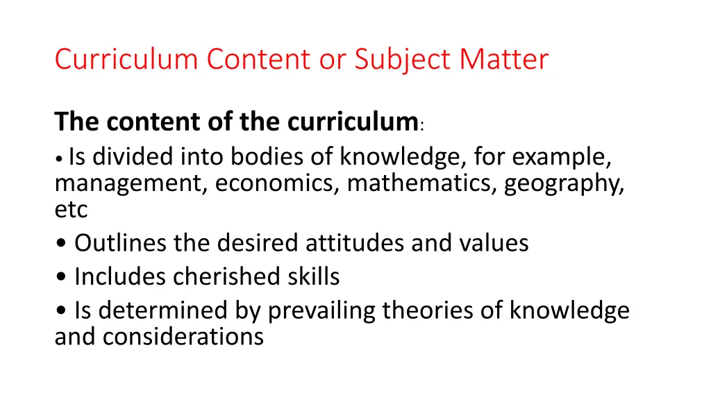 curriculum content or subject matter