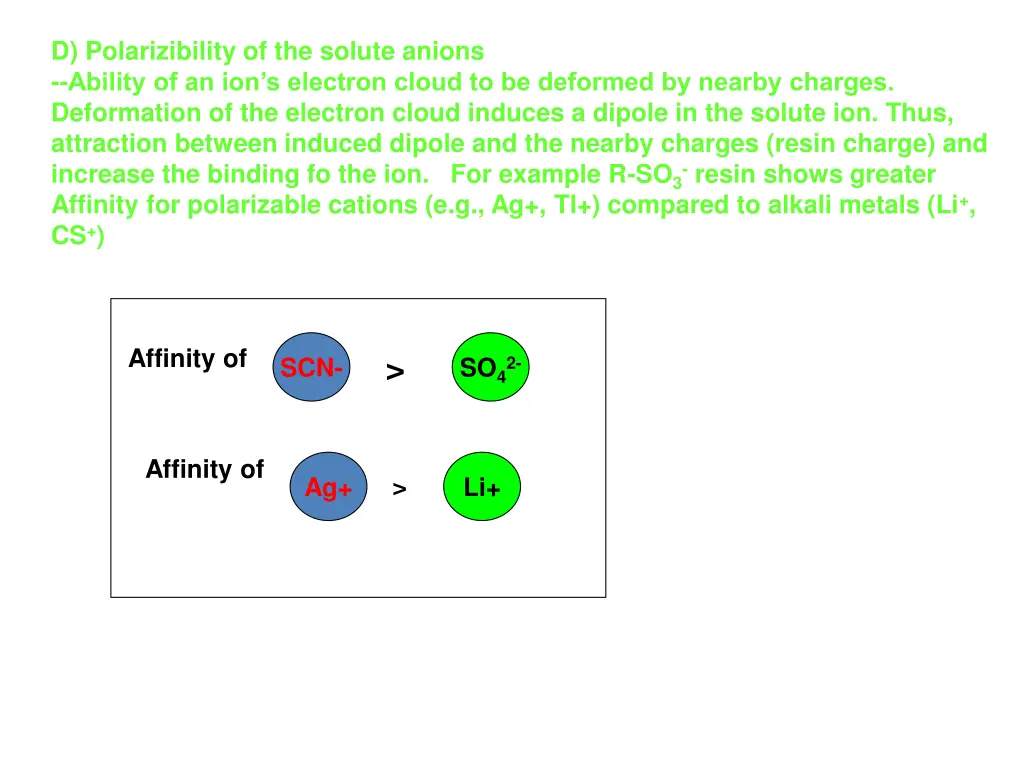 d polarizibility of the solute anions ability