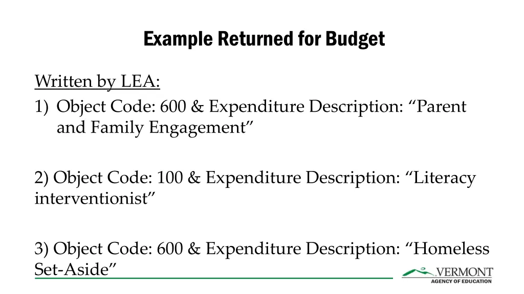example returned for budget