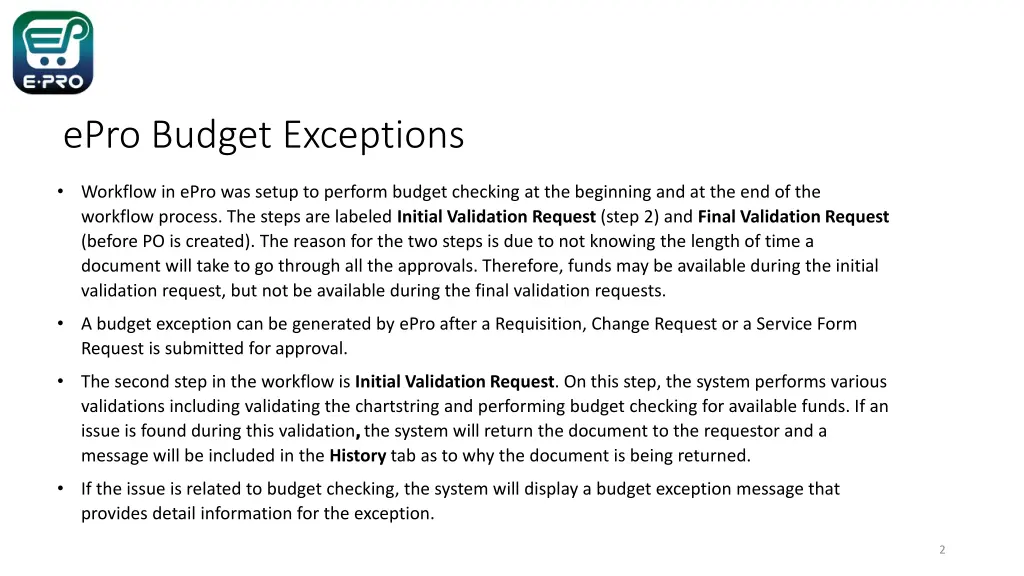 epro budget exceptions 1