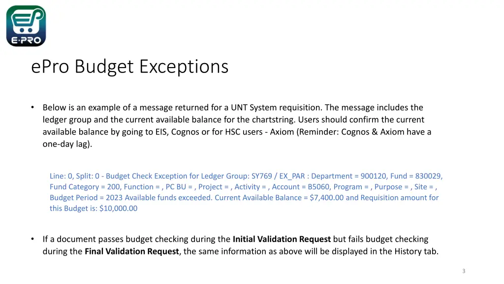 epro budget exceptions 2