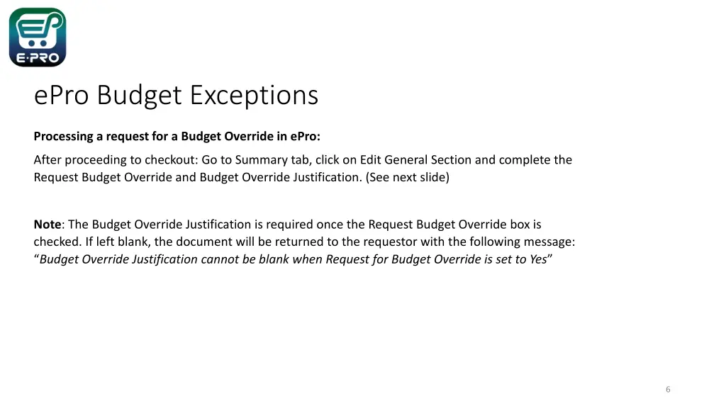 epro budget exceptions 5