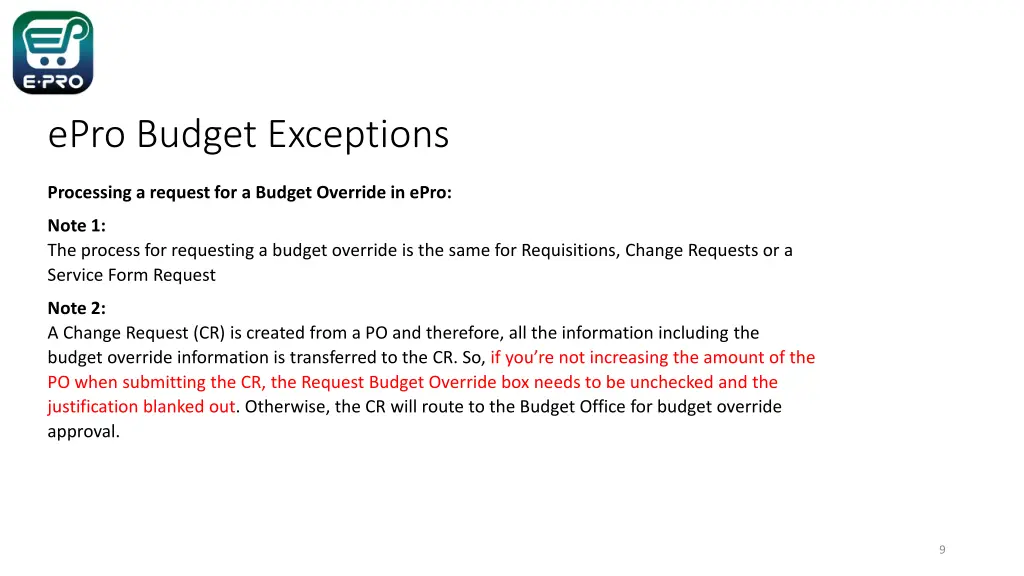 epro budget exceptions 8