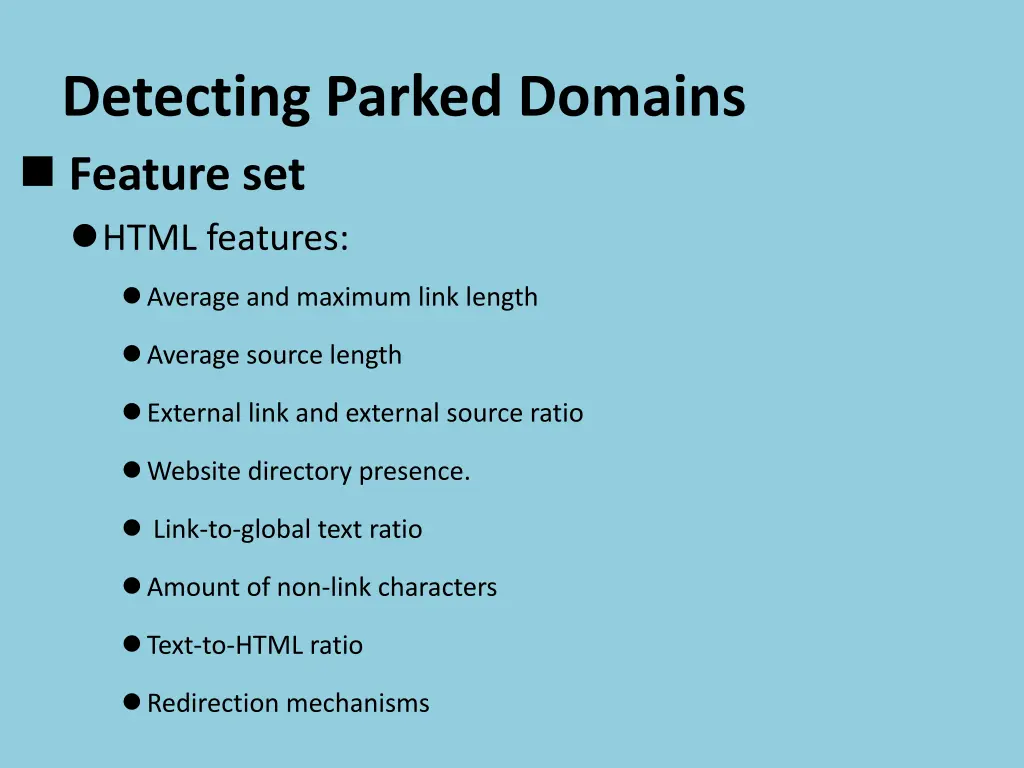 detecting parked domains feature set html features