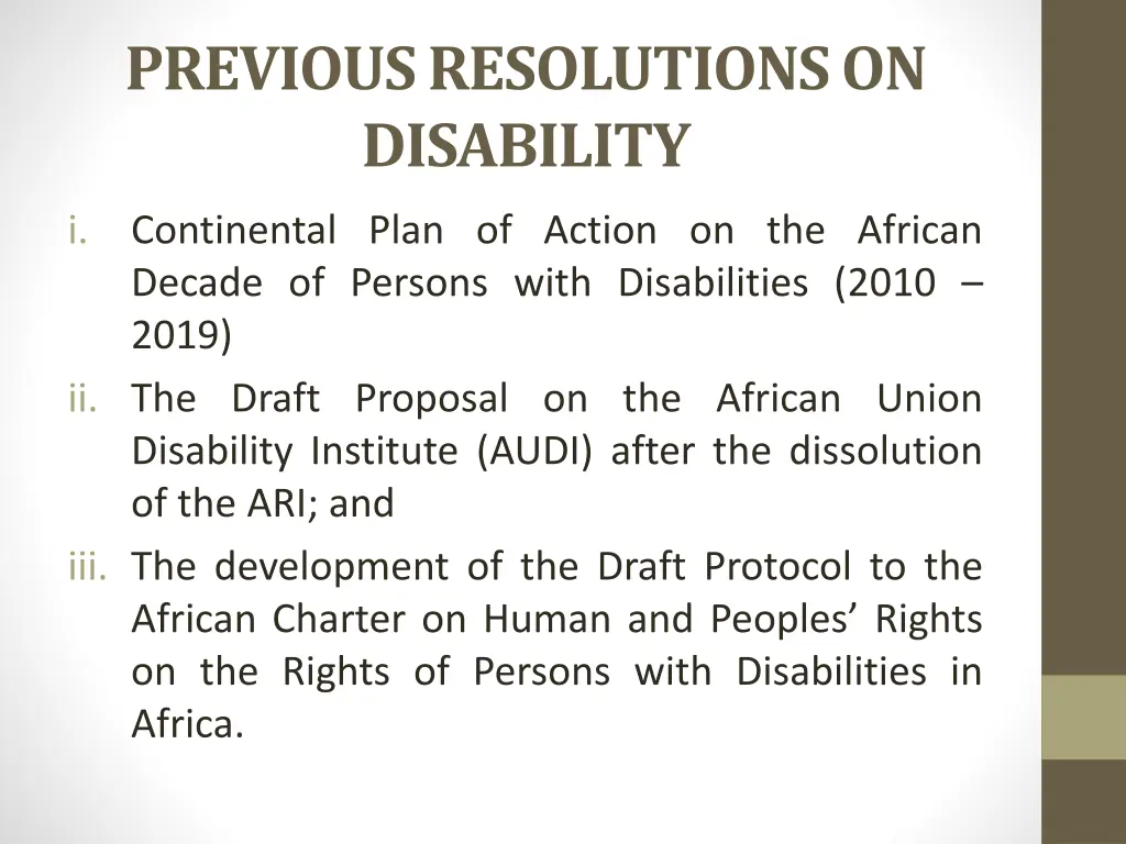 previous resolutions on disability