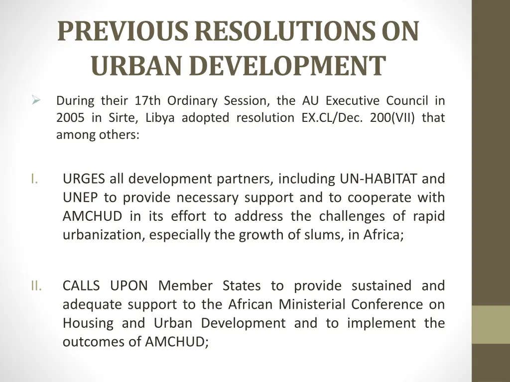 previous resolutions on urban development