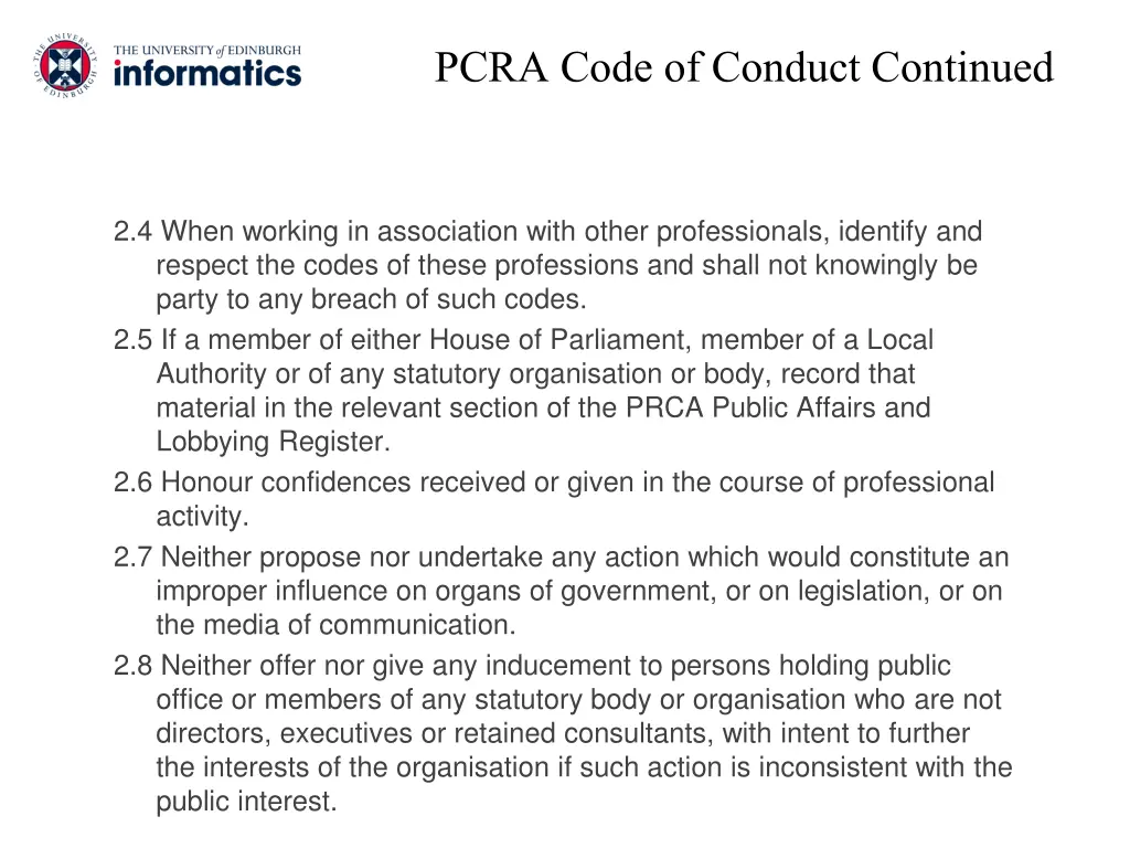 pcra code of conduct continued