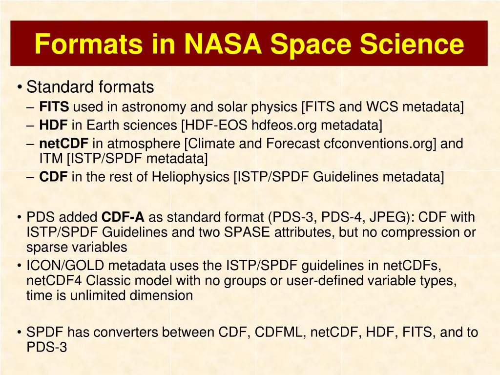 formats in nasa space science