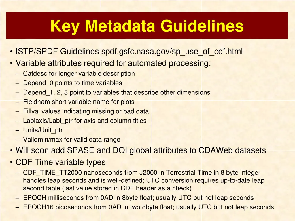 key metadata guidelines