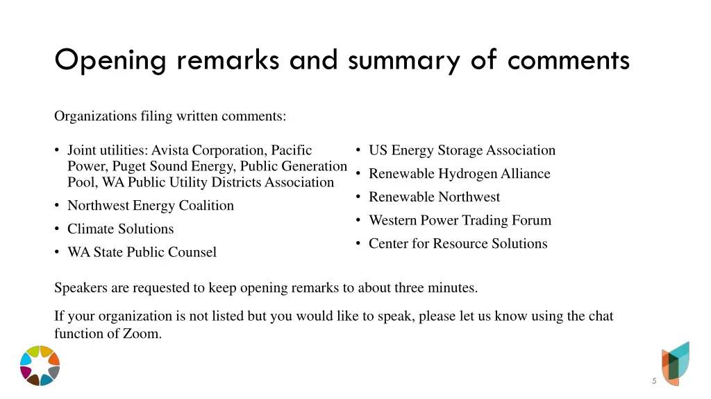 opening remarks and summary of comments