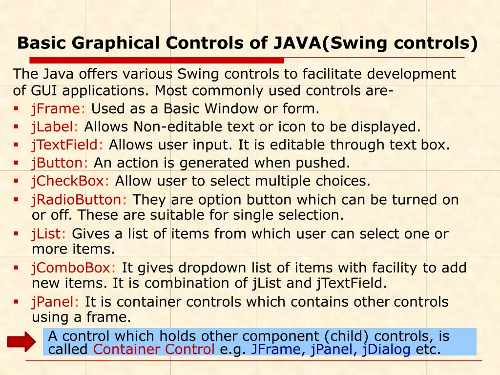 basic graphical controls of java swing controls