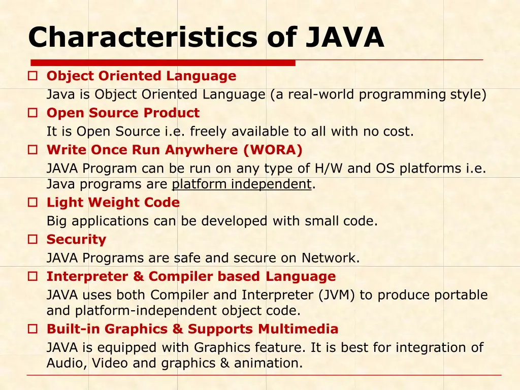 characteristics of java