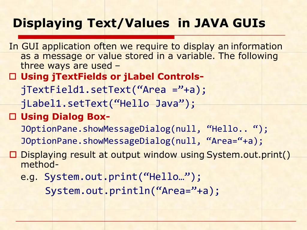 displaying text values in java guis