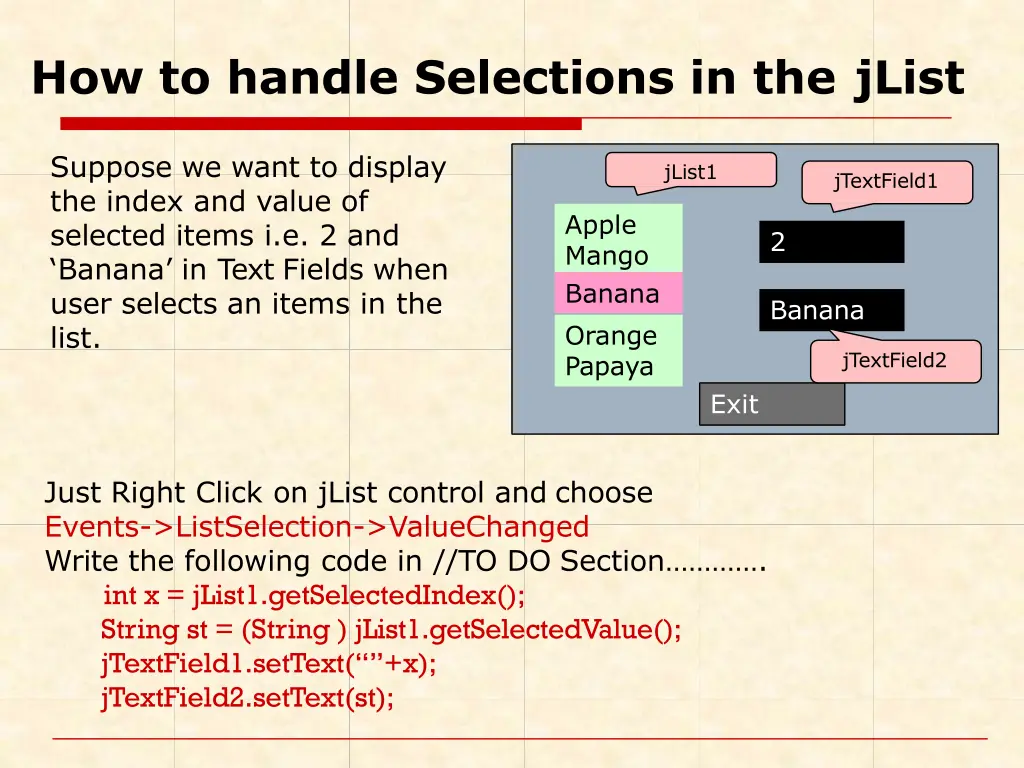 how to handle selections in the jlist