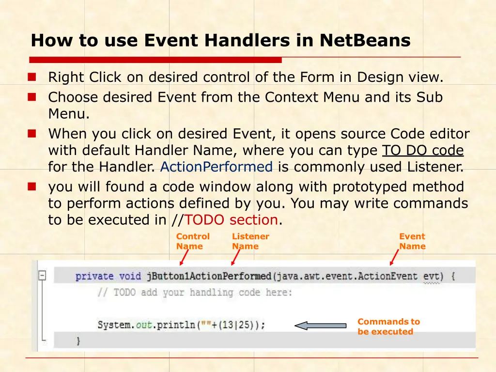 how to use event handlers in netbeans