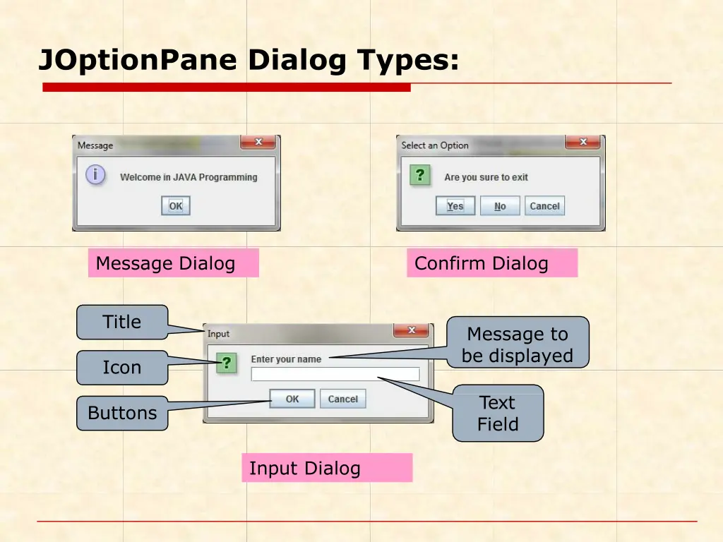 joptionpane dialog types