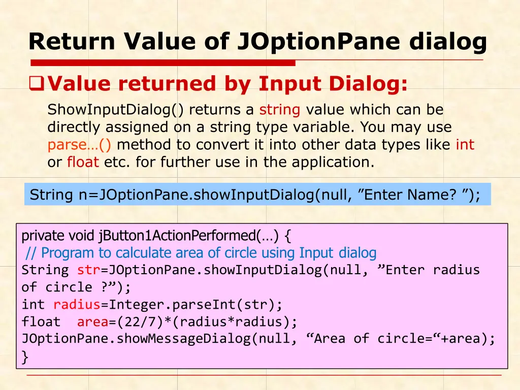 return value of joptionpane dialog