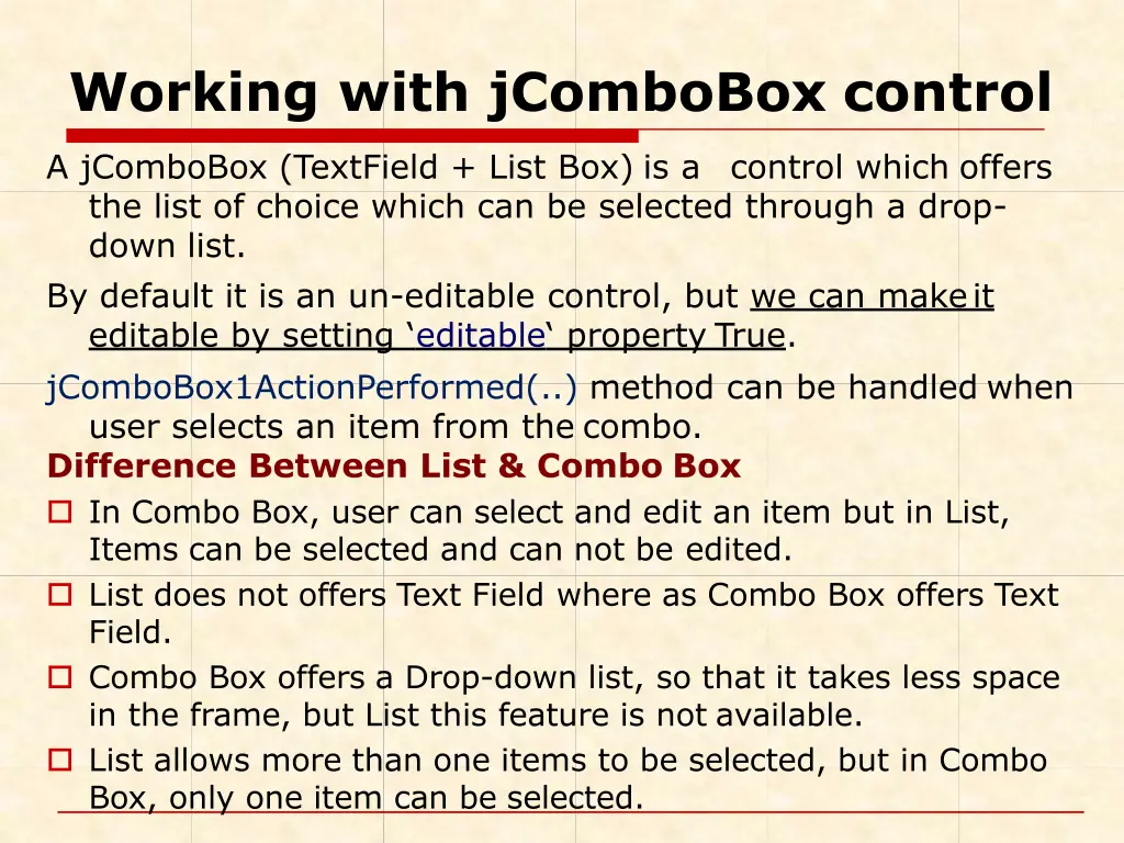 working with jcombobox control