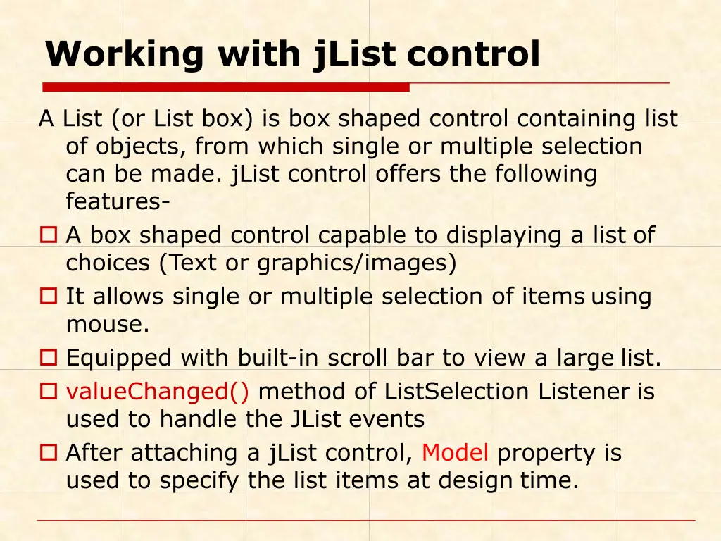 working with jlist control