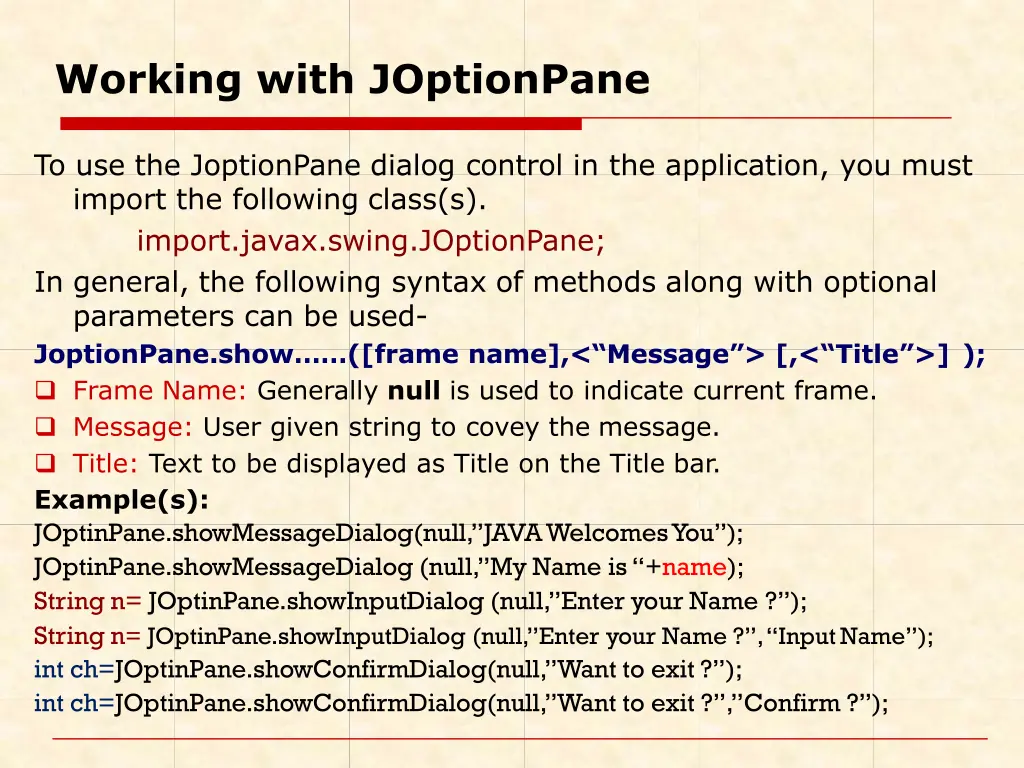 working with joptionpane