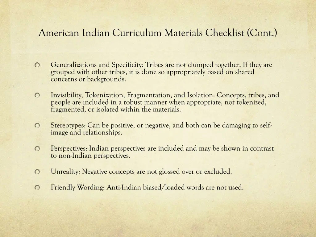 american indian curriculum materials checklist