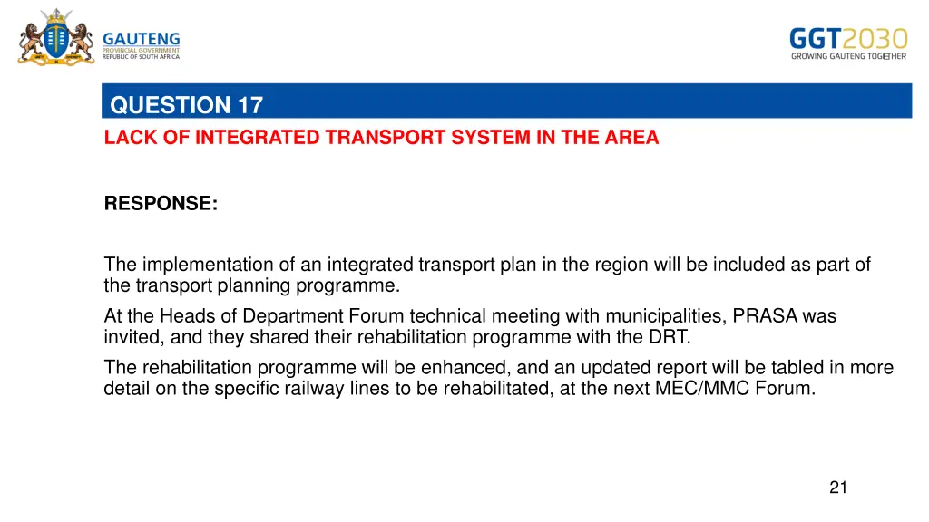 question 17 lack of integrated transport system