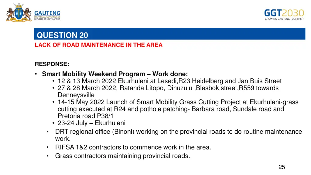 question 20 lack of road maintenance in the area