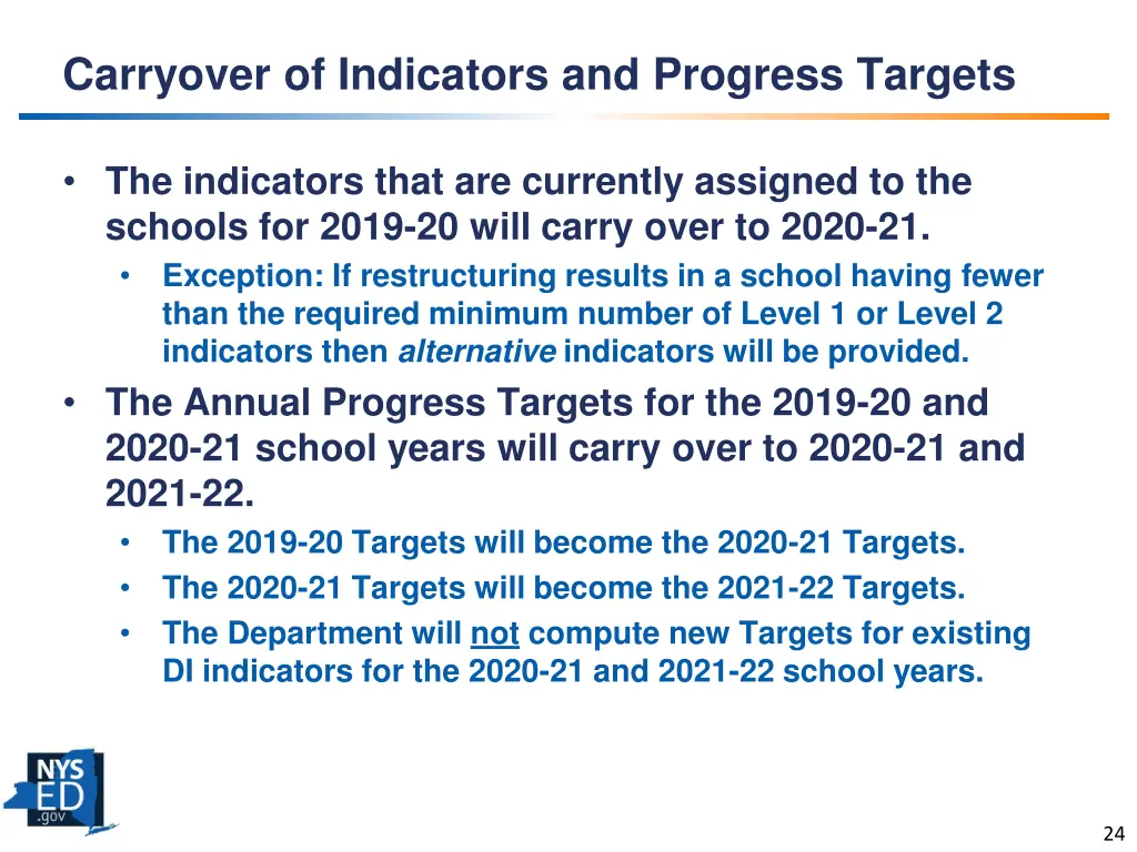carryover of indicators and progress targets
