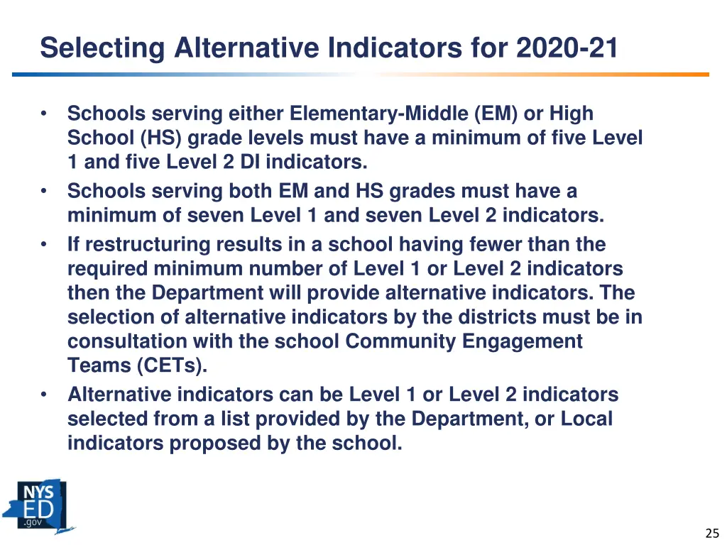 selecting alternative indicators for 2020 21