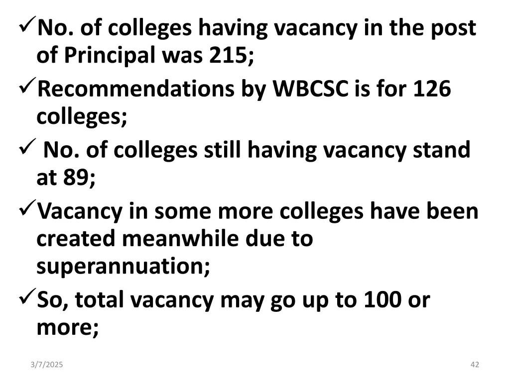 no of colleges having vacancy in the post