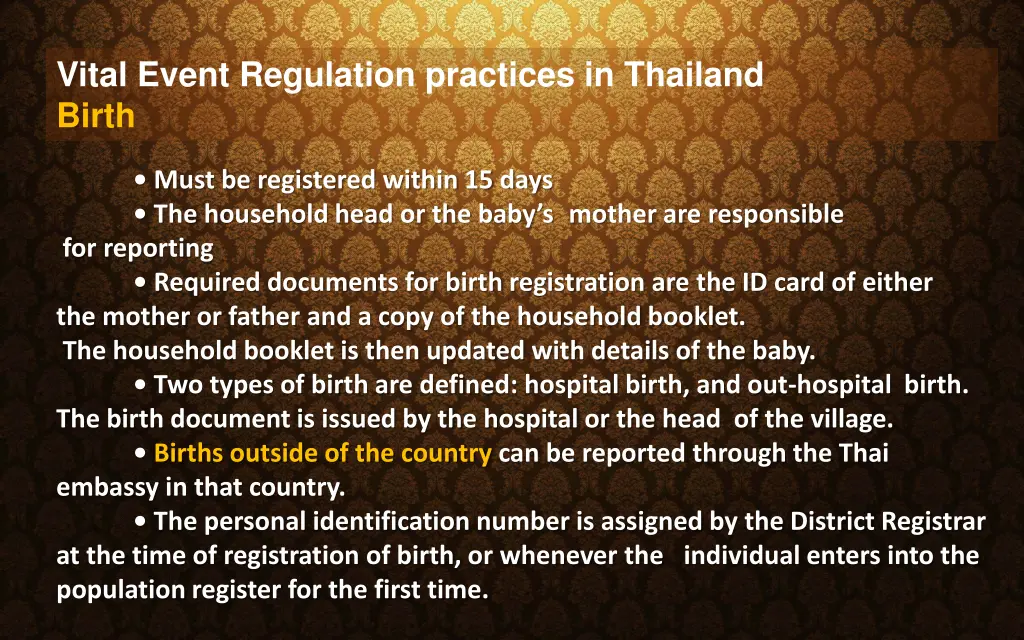 vital event regulation practices in thailand birth